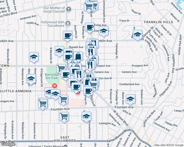 map of restaurants, bars, coffee shops, grocery stores, and more near 1654 Hillhurst Avenue in Los Angeles