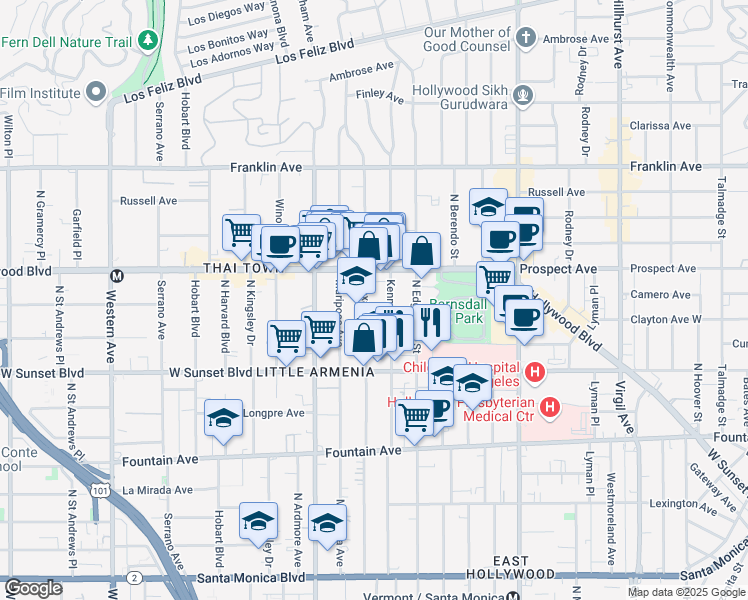 map of restaurants, bars, coffee shops, grocery stores, and more near 1643 1/2 North Kenmore Avenue in Los Angeles