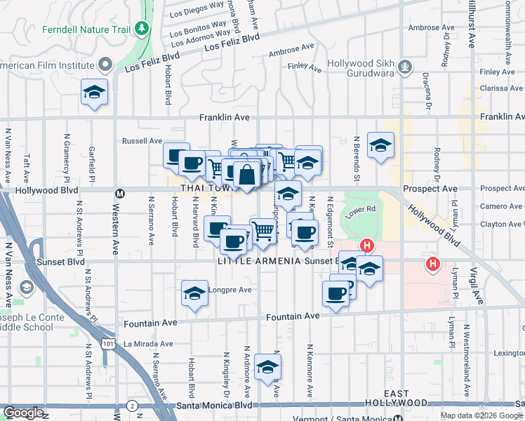 map of restaurants, bars, coffee shops, grocery stores, and more near 1641 North Normandie Avenue in Los Angeles
