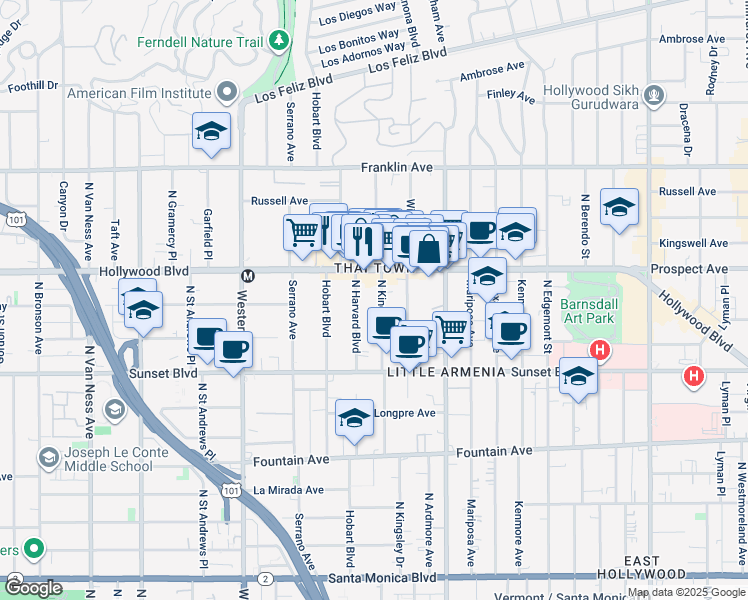 map of restaurants, bars, coffee shops, grocery stores, and more near 1641 North Kingsley Drive in Los Angeles