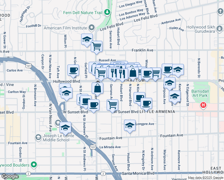 map of restaurants, bars, coffee shops, grocery stores, and more near 1635 North Hobart Boulevard in Los Angeles