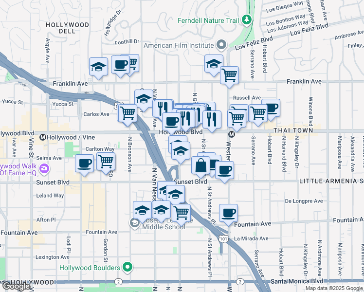map of restaurants, bars, coffee shops, grocery stores, and more near 5705 Carlton Way in Los Angeles