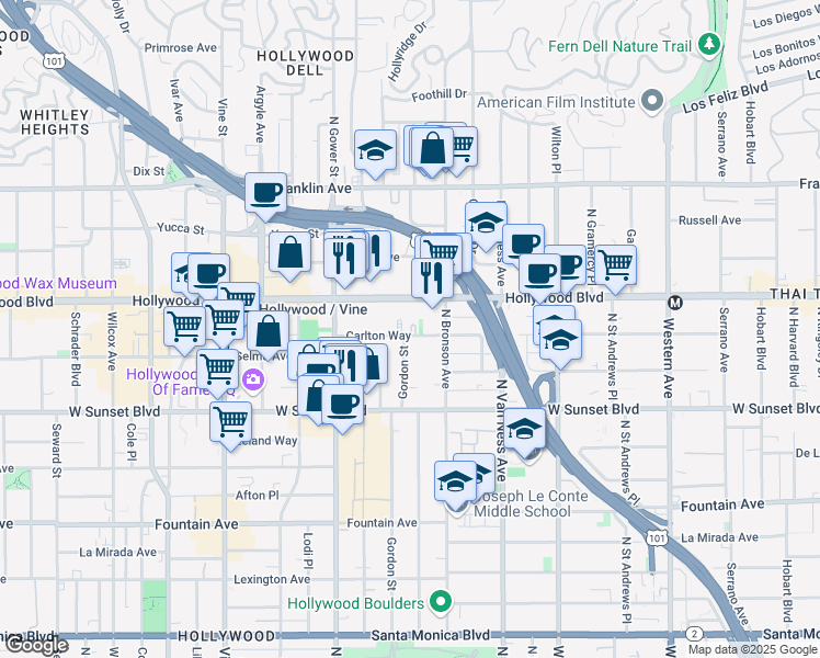 map of restaurants, bars, coffee shops, grocery stores, and more near 5962 Hollywood Boulevard in Los Angeles