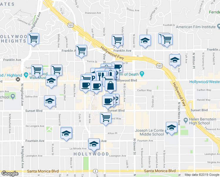 map of restaurants, bars, coffee shops, grocery stores, and more near in Los Angeles