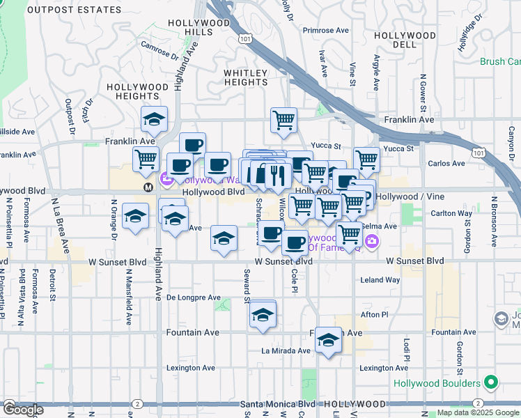 map of restaurants, bars, coffee shops, grocery stores, and more near 1650 Schrader Boulevard in Los Angeles