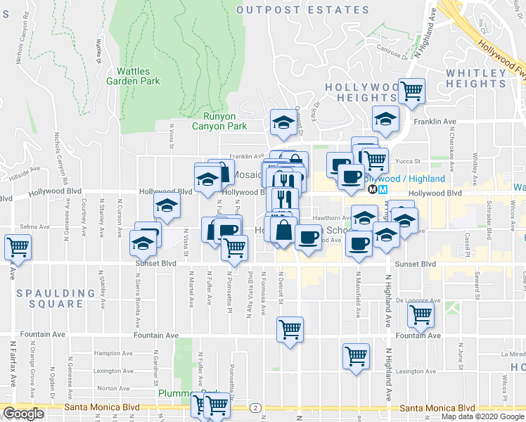 map of restaurants, bars, coffee shops, grocery stores, and more near 1643 North Formosa Avenue in Los Angeles