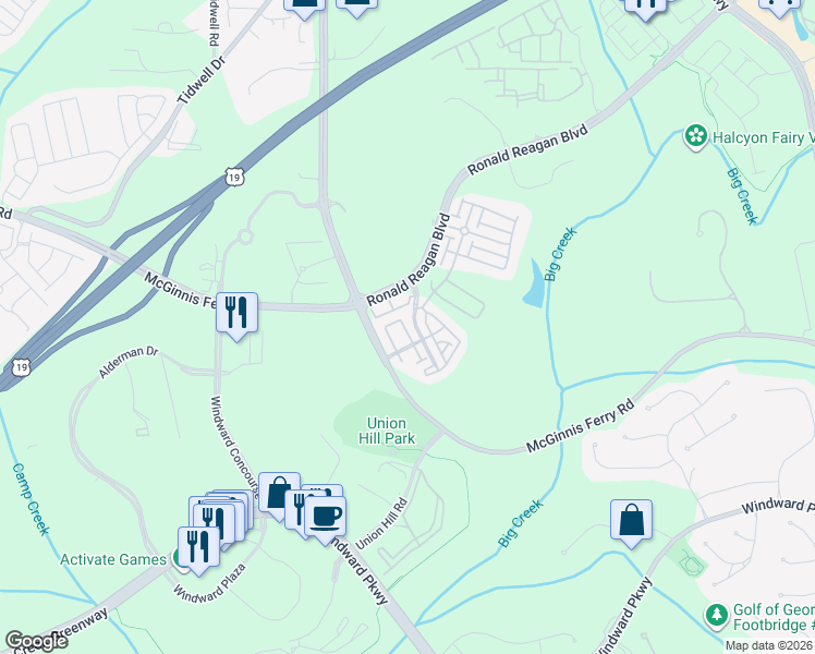 map of restaurants, bars, coffee shops, grocery stores, and more near 6772 Jamestown Drive in Alpharetta