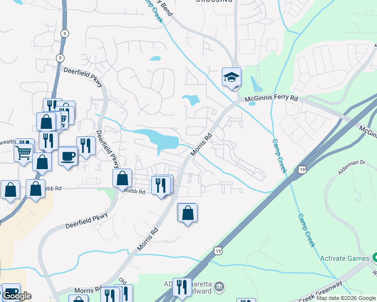 map of restaurants, bars, coffee shops, grocery stores, and more near 13153 Fasherstone Drive in Alpharetta