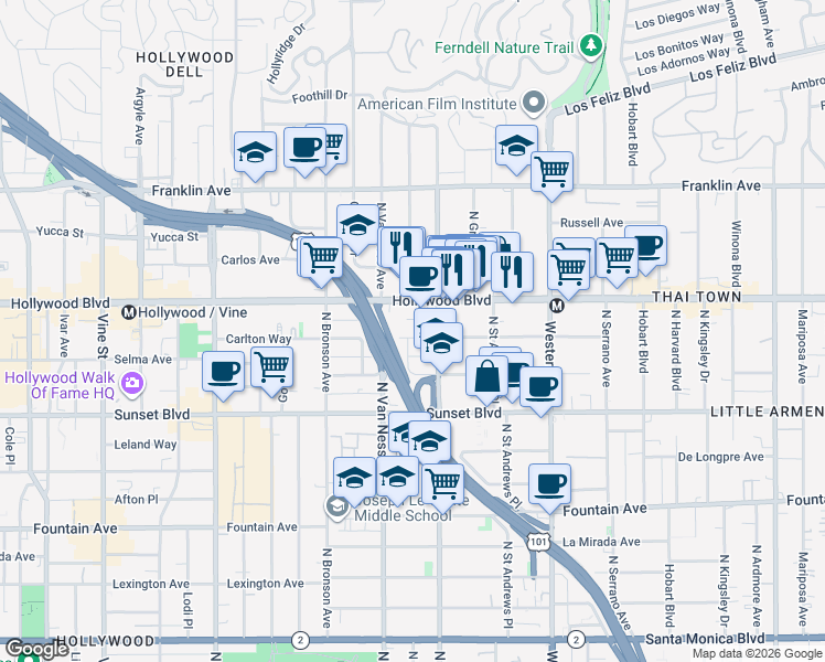 map of restaurants, bars, coffee shops, grocery stores, and more near 5727 Carlton Way in Los Angeles