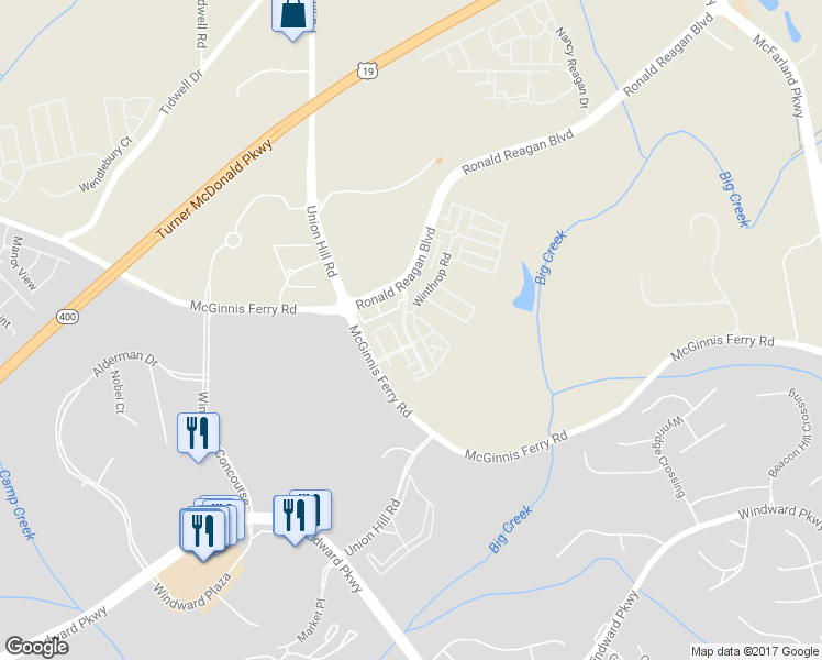 map of restaurants, bars, coffee shops, grocery stores, and more near 6865 Jamestown Drive in Alpharetta