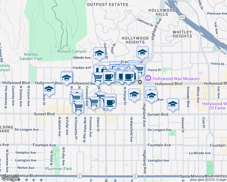 map of restaurants, bars, coffee shops, grocery stores, and more near 7045 Hawthorn Avenue in Los Angeles