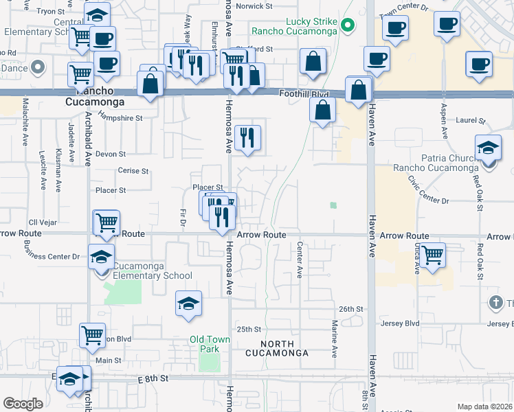 map of restaurants, bars, coffee shops, grocery stores, and more near 8423 Western Trail Place in Rancho Cucamonga