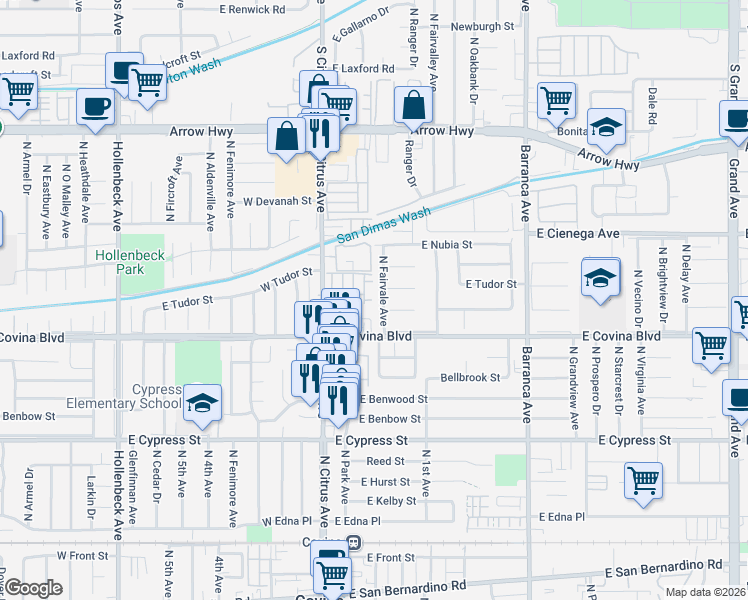 map of restaurants, bars, coffee shops, grocery stores, and more near 1173 North Fairvale Avenue in Covina