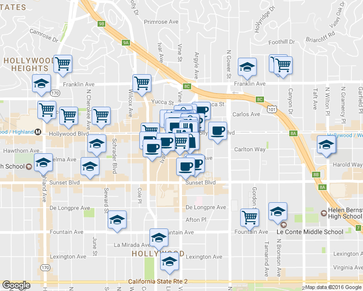 map of restaurants, bars, coffee shops, grocery stores, and more near  in Los Angeles