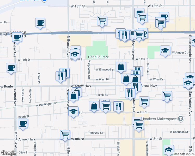 map of restaurants, bars, coffee shops, grocery stores, and more near 604 North Fairwood Way in Upland