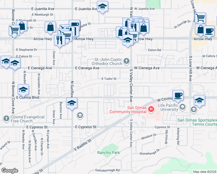 map of restaurants, bars, coffee shops, grocery stores, and more near 21226 East Tudor Street in Covina