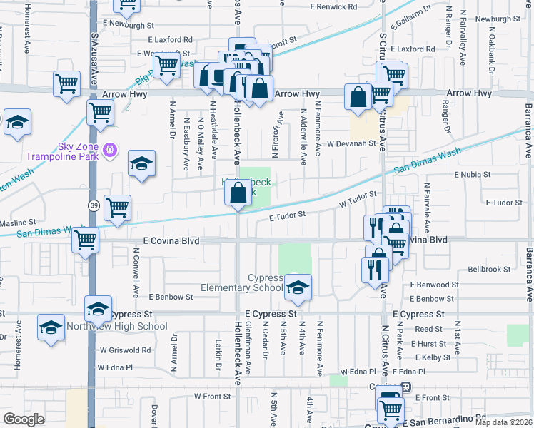 map of restaurants, bars, coffee shops, grocery stores, and more near 409 West Tudor Street in Covina