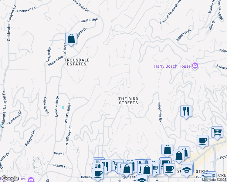map of restaurants, bars, coffee shops, grocery stores, and more near 9277 Thrush Way in Los Angeles