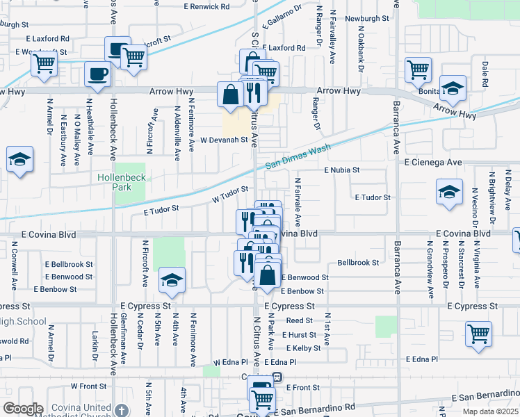 map of restaurants, bars, coffee shops, grocery stores, and more near 1143 Orchard Drive in Covina
