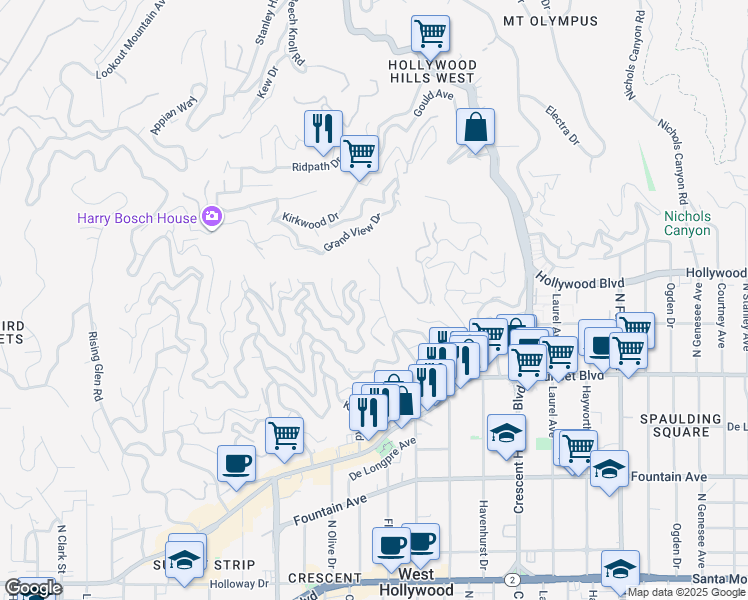 map of restaurants, bars, coffee shops, grocery stores, and more near West Drive in Los Angeles