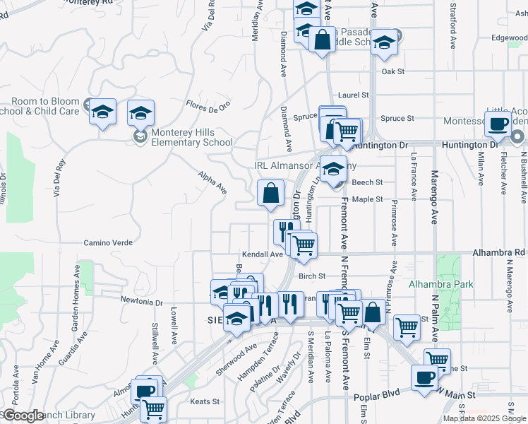 map of restaurants, bars, coffee shops, grocery stores, and more near 2021 Meridian Avenue in South Pasadena