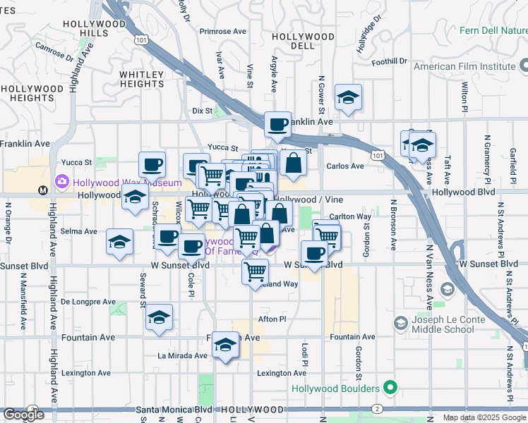 map of restaurants, bars, coffee shops, grocery stores, and more near 6250 Hollywood Boulevard in Los Angeles