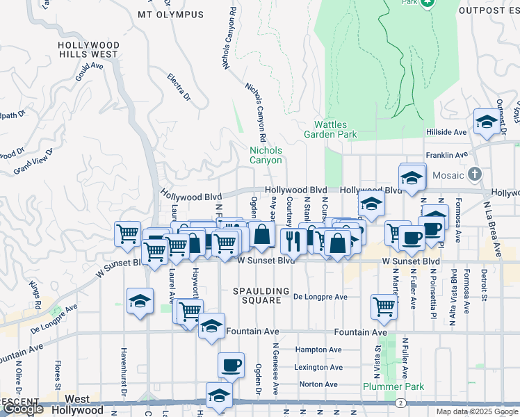 map of restaurants, bars, coffee shops, grocery stores, and more near 1626 North Ogden Drive in West Hollywood