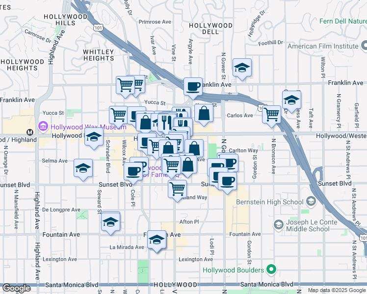 map of restaurants, bars, coffee shops, grocery stores, and more near in Los Angeles