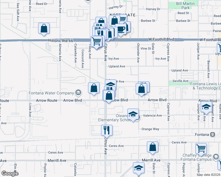 map of restaurants, bars, coffee shops, grocery stores, and more near 8433 Citrus Avenue in Fontana