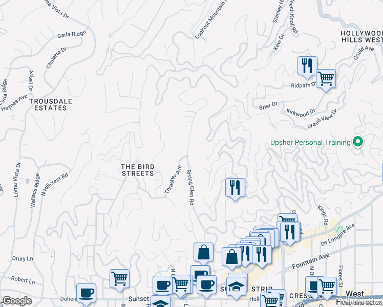 map of restaurants, bars, coffee shops, grocery stores, and more near 1615 Rising Glen Road in Los Angeles