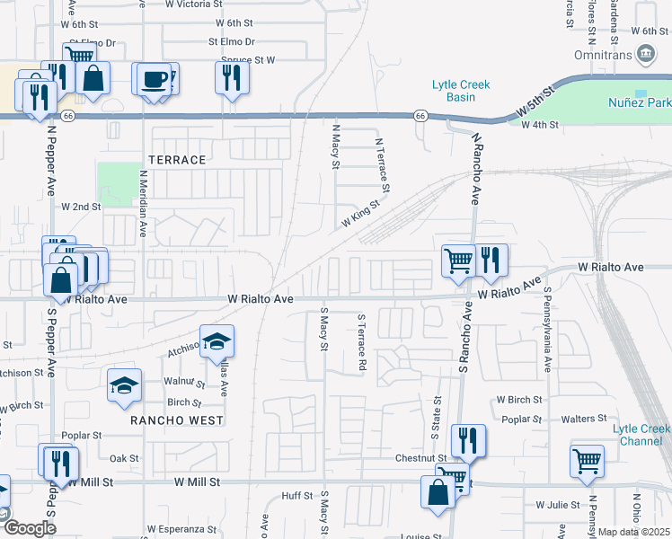map of restaurants, bars, coffee shops, grocery stores, and more near 2280 West Rialto Avenue in San Bernardino