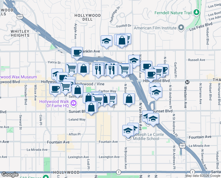 map of restaurants, bars, coffee shops, grocery stores, and more near 6001 Carlton Way in Los Angeles