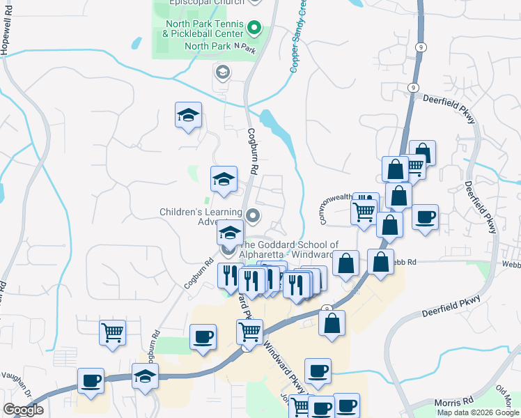 map of restaurants, bars, coffee shops, grocery stores, and more near 2764 Soneley Way in Alpharetta