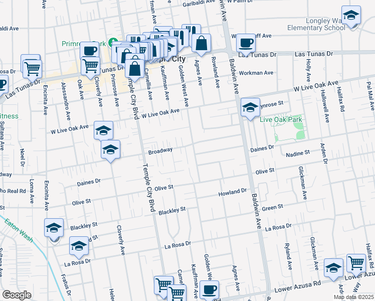 map of restaurants, bars, coffee shops, grocery stores, and more near 9730 Broadway in Temple City