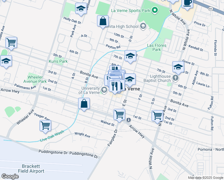 map of restaurants, bars, coffee shops, grocery stores, and more near 2307 D Street in La Verne