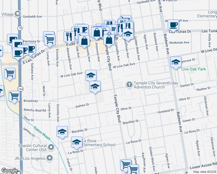 map of restaurants, bars, coffee shops, grocery stores, and more near in Temple City