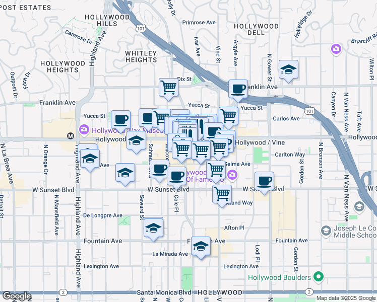 map of restaurants, bars, coffee shops, grocery stores, and more near in Los Angeles