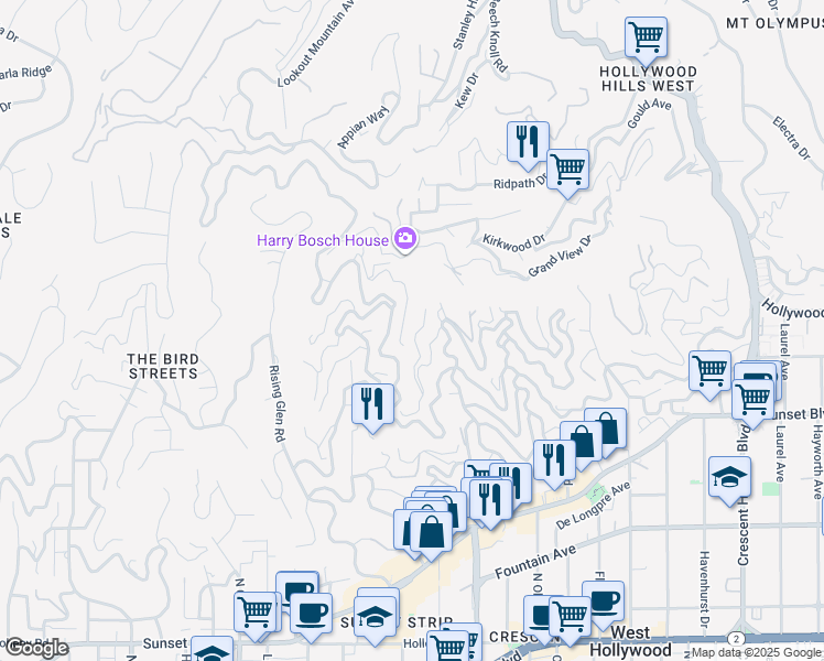 map of restaurants, bars, coffee shops, grocery stores, and more near 1614 Viewmont Drive in Los Angeles