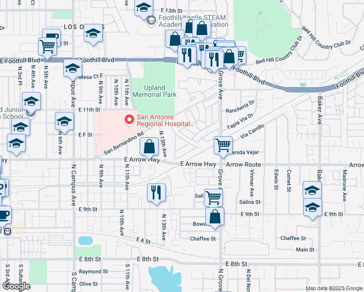 map of restaurants, bars, coffee shops, grocery stores, and more near Fife Avenue in Upland