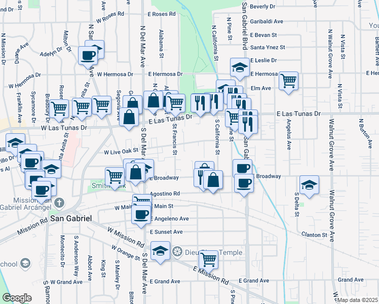 map of restaurants, bars, coffee shops, grocery stores, and more near 328 East Live Oak Street in San Gabriel
