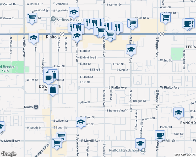 map of restaurants, bars, coffee shops, grocery stores, and more near 418 East Erwin Street in Rialto