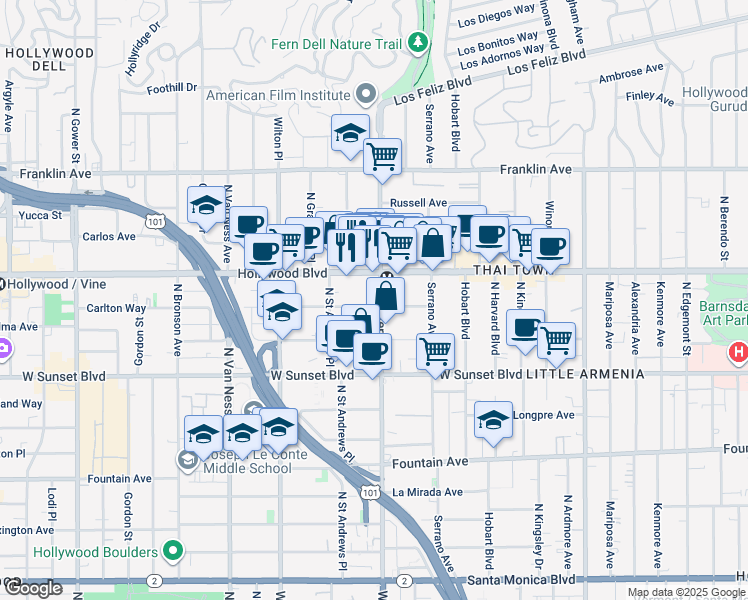 map of restaurants, bars, coffee shops, grocery stores, and more near 1657 North Western Avenue in Los Angeles