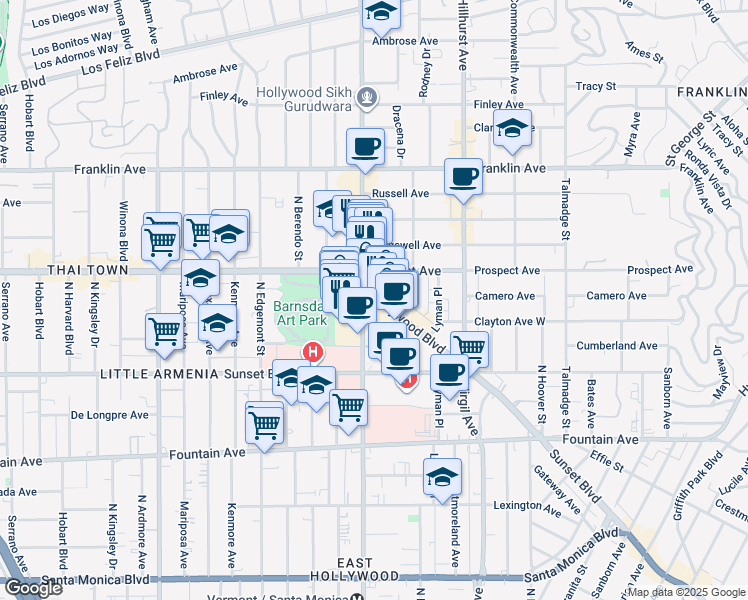 map of restaurants, bars, coffee shops, grocery stores, and more near 1611 North Vermont Avenue in Los Angeles