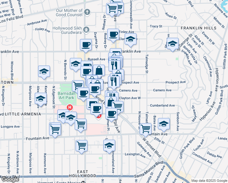 map of restaurants, bars, coffee shops, grocery stores, and more near 1654 Hillhurst Avenue in Los Angeles