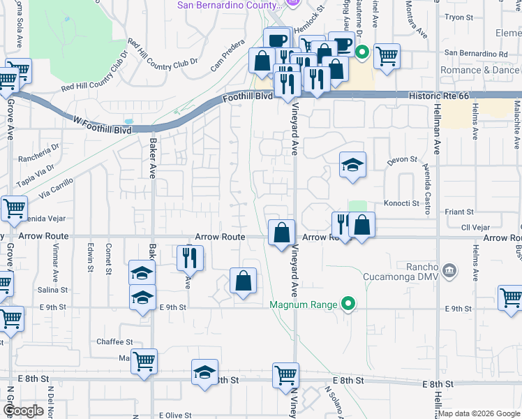 map of restaurants, bars, coffee shops, grocery stores, and more near 8412 Bayberry Road in Rancho Cucamonga
