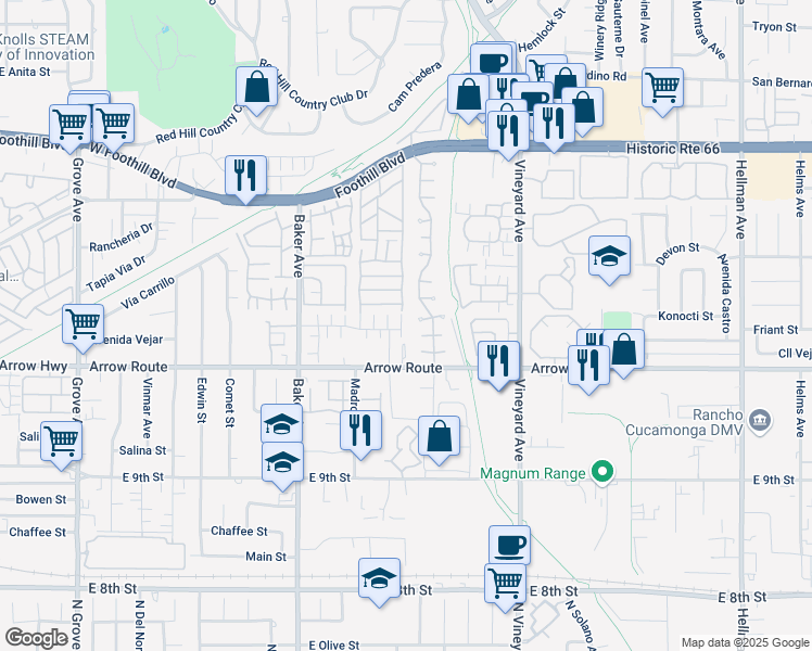 map of restaurants, bars, coffee shops, grocery stores, and more near 8419 Floro Place in Rancho Cucamonga