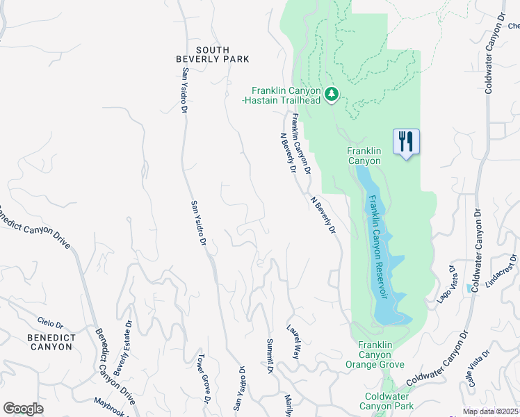 map of restaurants, bars, coffee shops, grocery stores, and more near 1663 Summitridge Drive in Beverly Hills