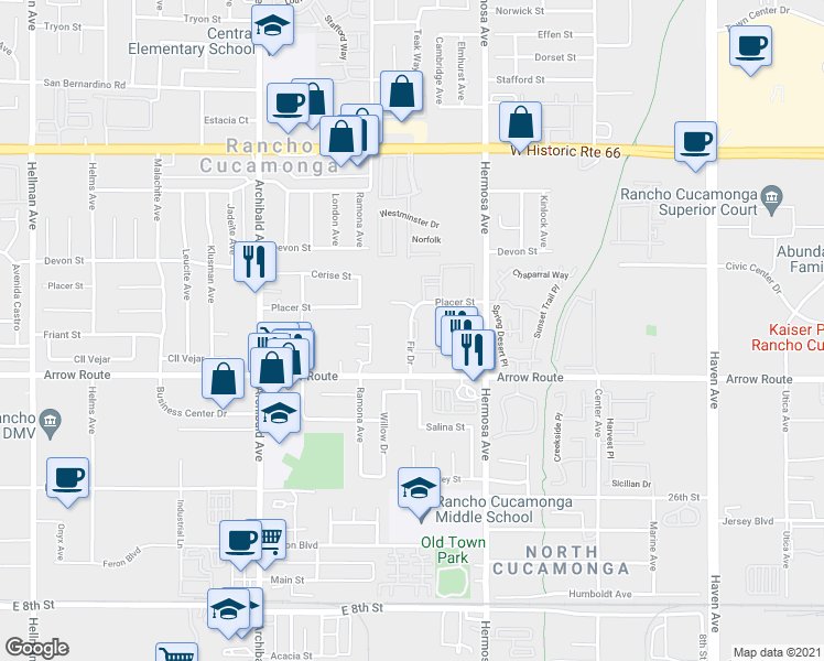 map of restaurants, bars, coffee shops, grocery stores, and more near 8383 Fir Drive in Rancho Cucamonga