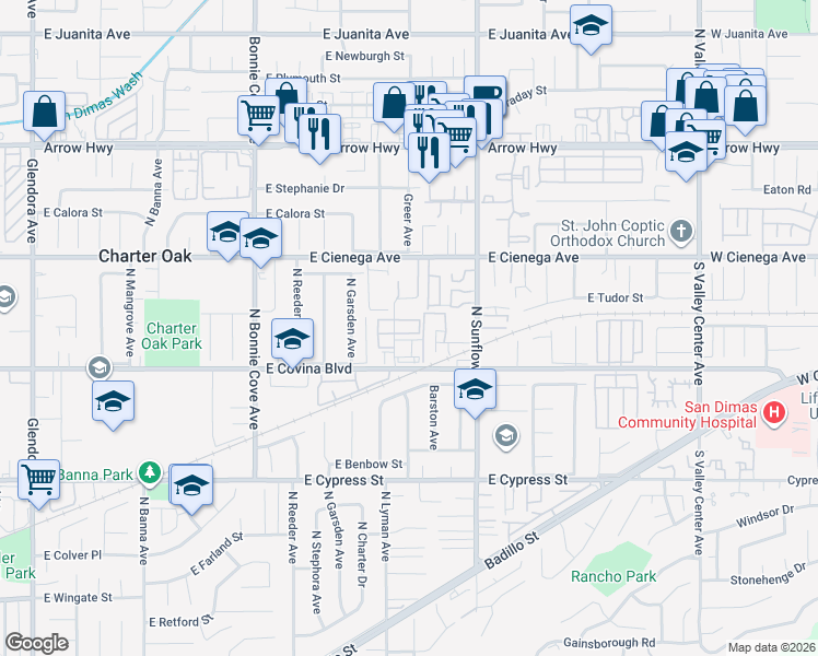 map of restaurants, bars, coffee shops, grocery stores, and more near 1144 Lyman Avenue in Covina