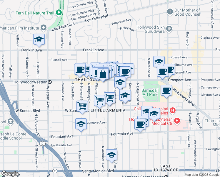 map of restaurants, bars, coffee shops, grocery stores, and more near 1624 Normandie Avenue in Los Angeles